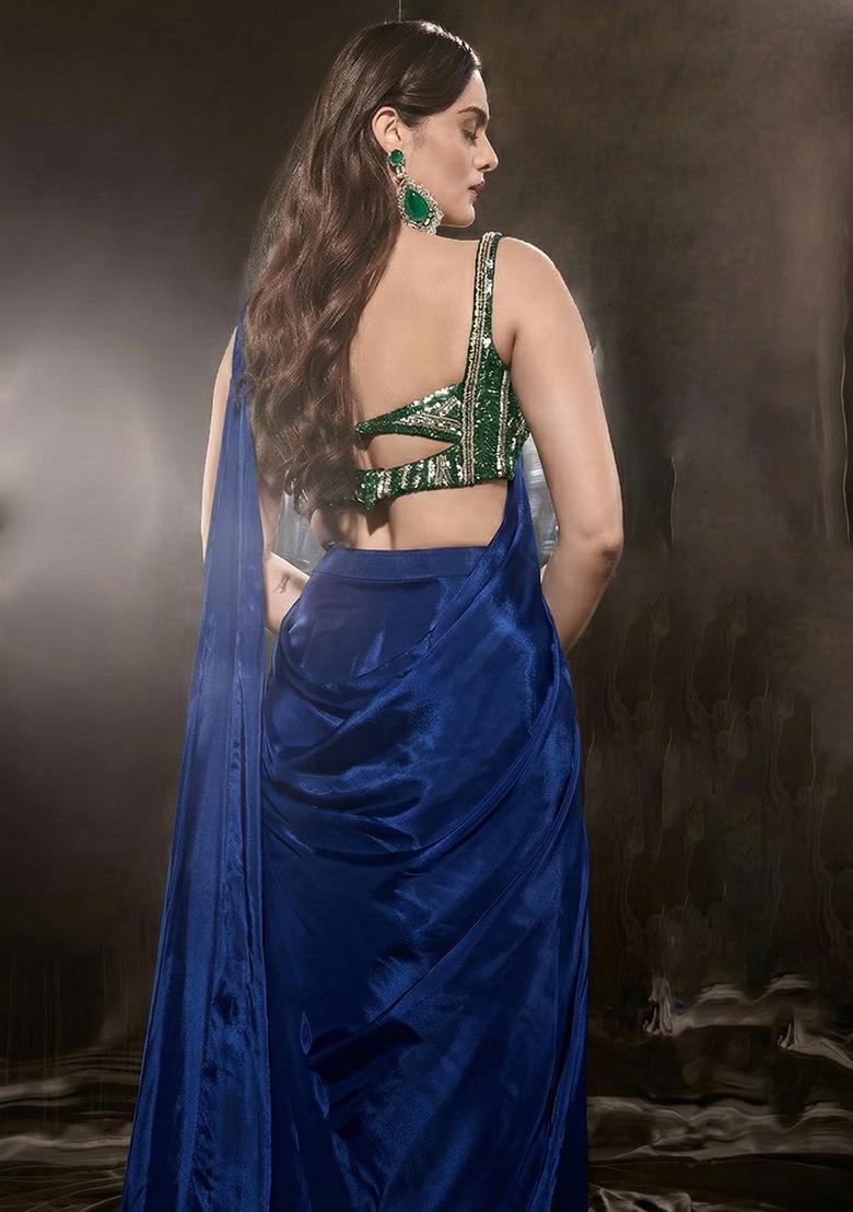 Royal Blue Crepe Handwork Pre Draped Saree Set - Indya