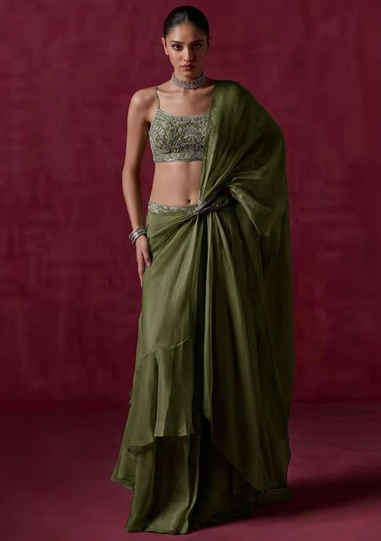Olive Green Organza Handwork Pre Draped Saree Set - Indya