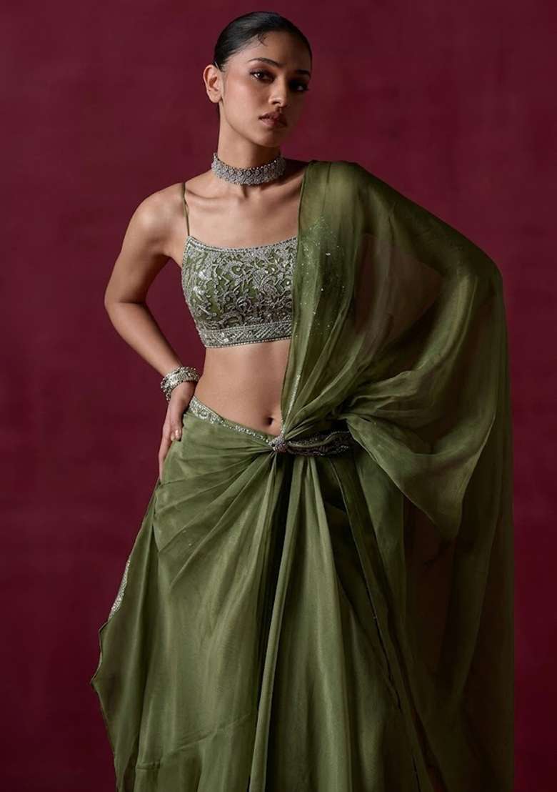 Olive Green Organza Handwork Pre Draped Saree Set - Indya