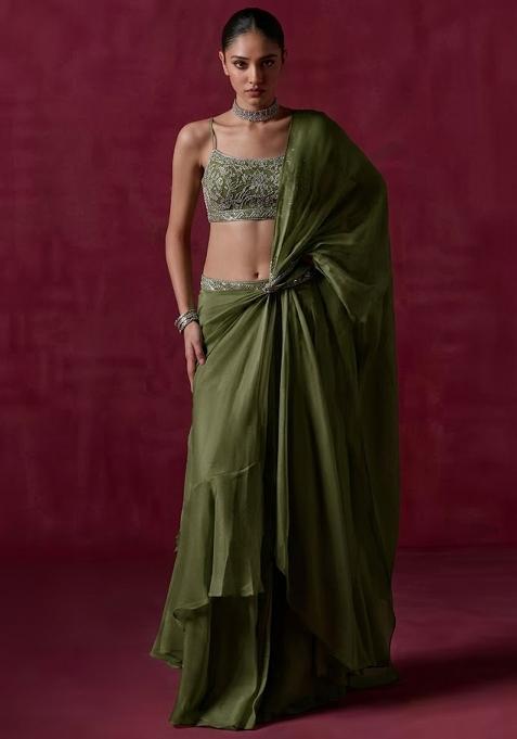 Olive Green Organza Handwork Pre Draped Saree Set — view on Indya