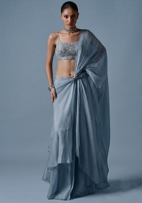 Powder Blue Organza Handwork Pre Draped Saree Set