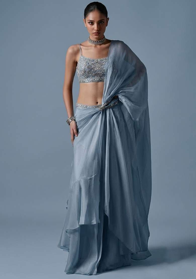 Powder Blue Organza Handwork Pre Draped Saree Set - Indya
