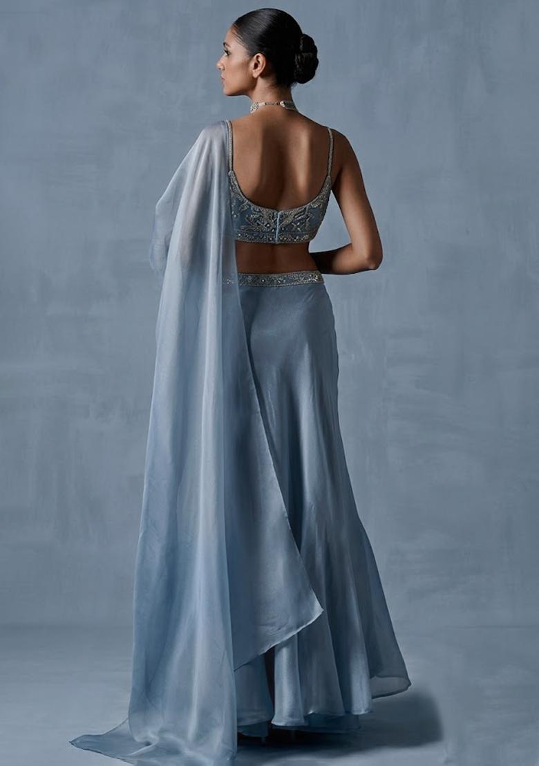 Powder Blue Organza Handwork Pre Draped Saree Set - Indya