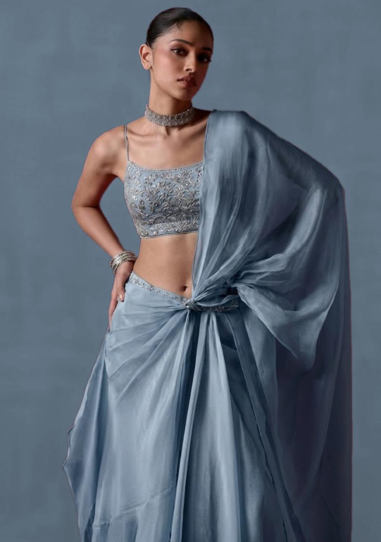 Powder Blue Organza Handwork Pre Draped Saree Set - Indya