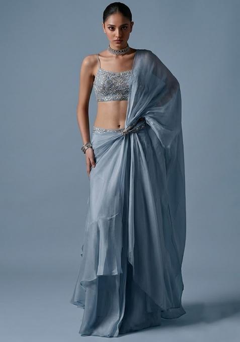 Powder Blue Organza Handwork Pre Draped Saree Set