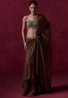 Chocolate Brown Organza Handwork Pre Draped Saree Set