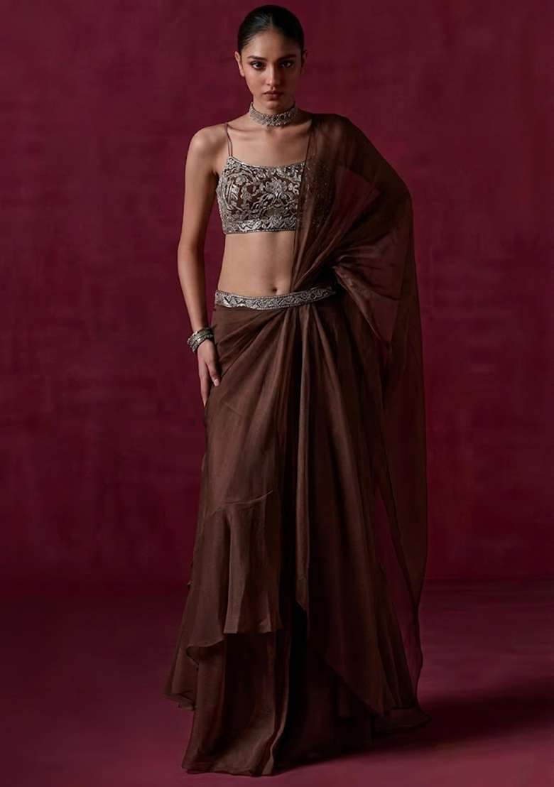 Chocolate Brown Organza Handwork Pre Draped Saree Set - Indya