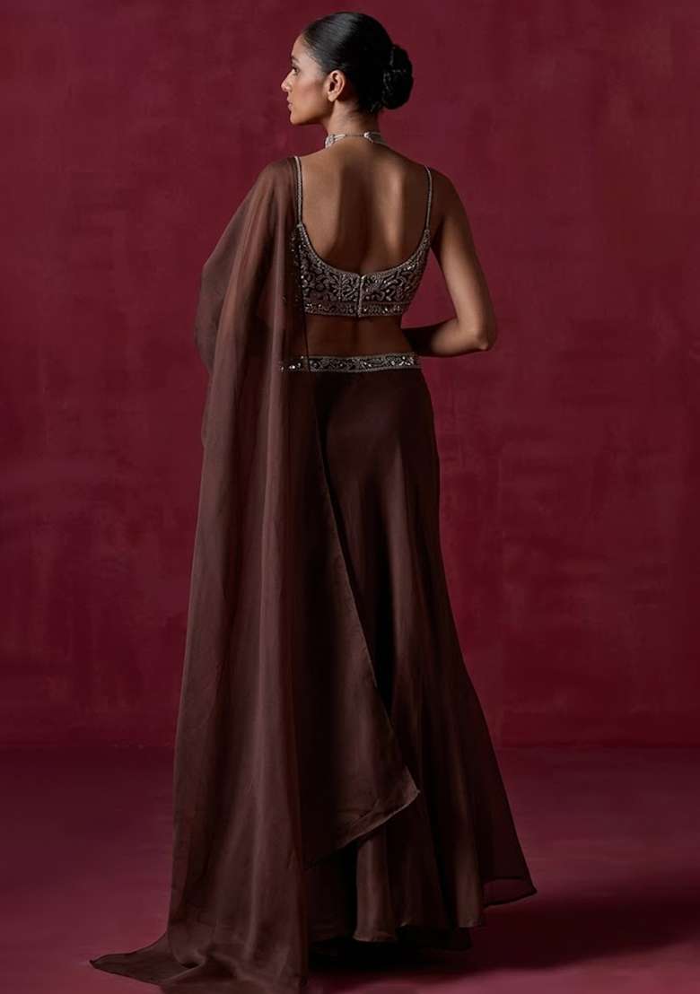 Chocolate Brown Organza Handwork Pre Draped Saree Set - Indya