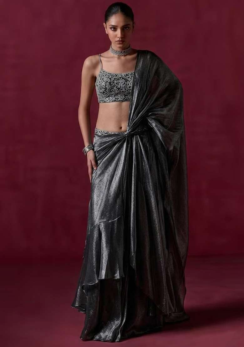 Grey Organza Handwork Pre Draped Saree Set - Indya