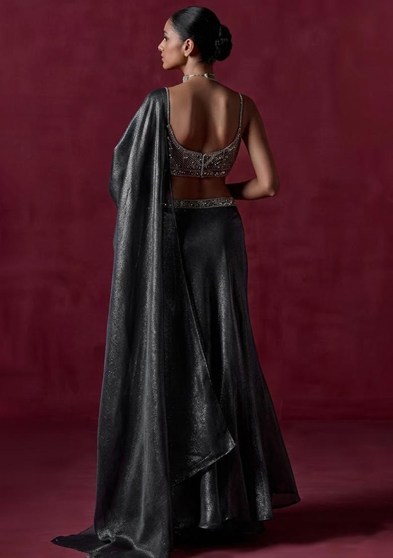 Grey Organza Handwork Pre Draped Saree Set - Indya