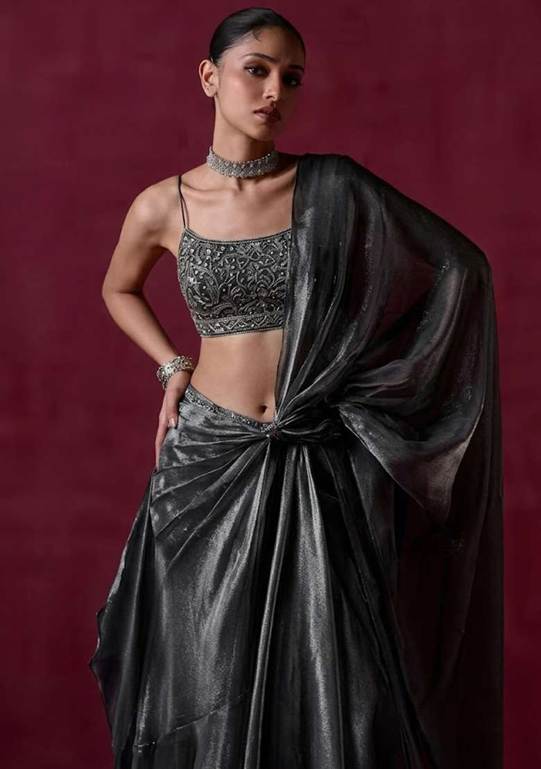 Grey Organza Handwork Pre Draped Saree Set - Indya