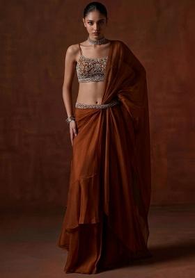 Burnt Orange Organza Handwork Pre Draped Saree Set