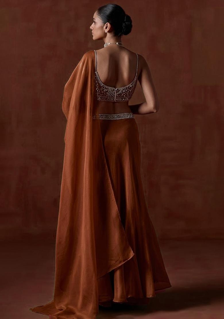 Burnt Orange Organza Handwork Pre Draped Saree Set - Indya