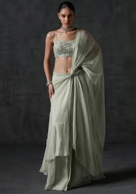 Off White Organza Handwork Pre Draped Saree Set