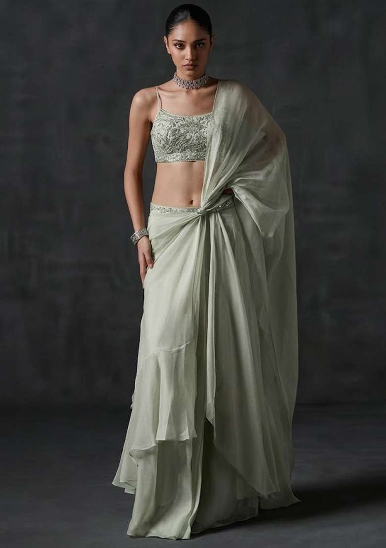 Off White Organza Handwork Pre Draped Saree Set - Indya