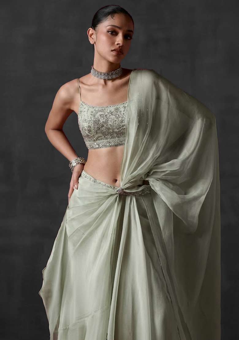 Off White Organza Handwork Pre Draped Saree Set - Indya