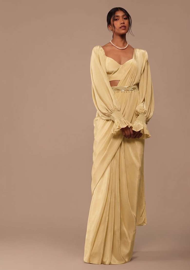 Champagne Gold Crepe Pre Draped Saree Set with Handwork for Diwali | Wedding & Festive Wear - Indya