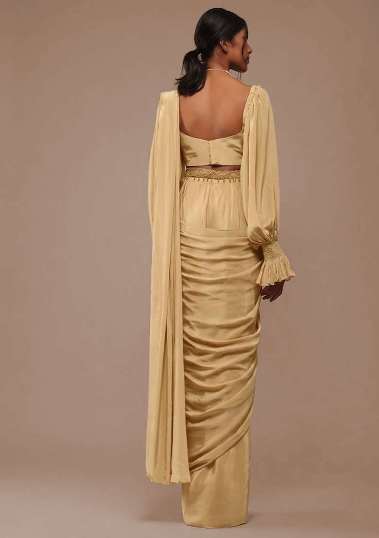 Champagne Gold Crepe Pre Draped Saree Set with Handwork for Diwali | Wedding & Festive Wear - Indya