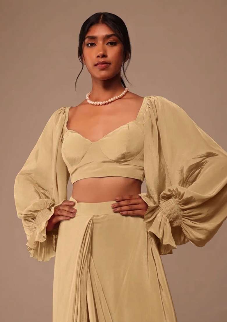 Champagne Gold Crepe Pre Draped Saree Set with Handwork for Diwali | Wedding & Festive Wear - Indya