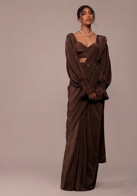 Brown Crepe Handwork Pre Draped Saree Set