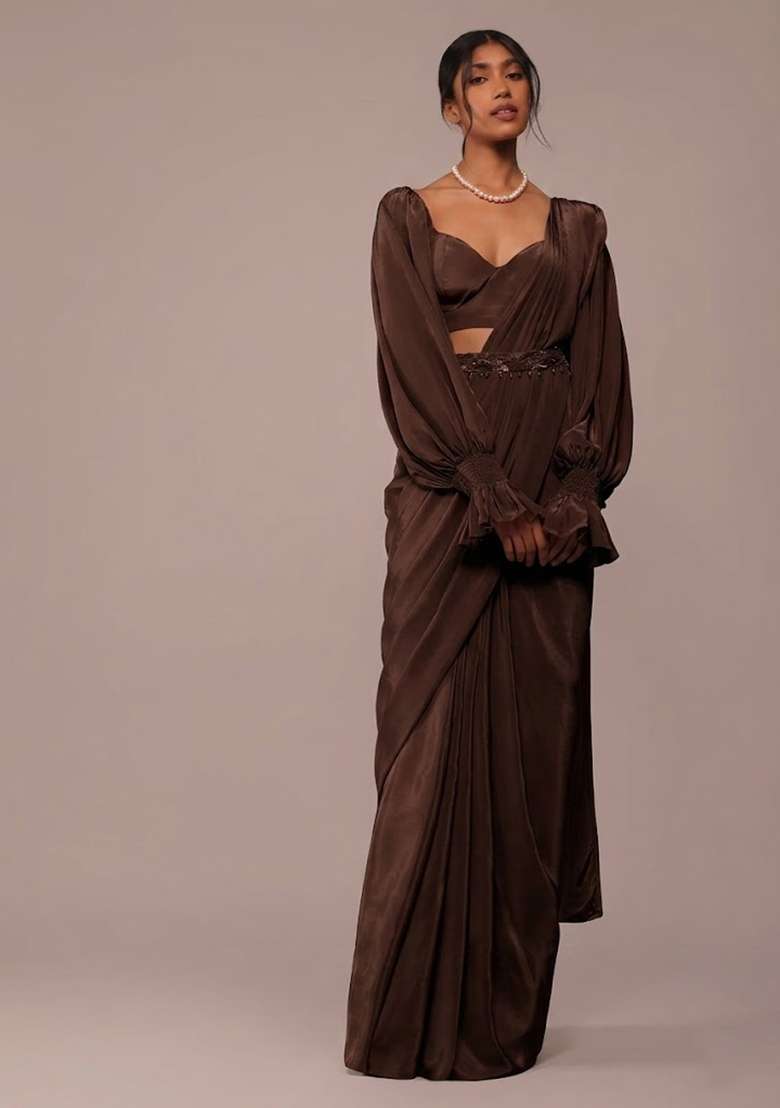 Brown Crepe Pre Draped Saree Set with Handwork for Diwali | Wedding & Festive Wear - Indya