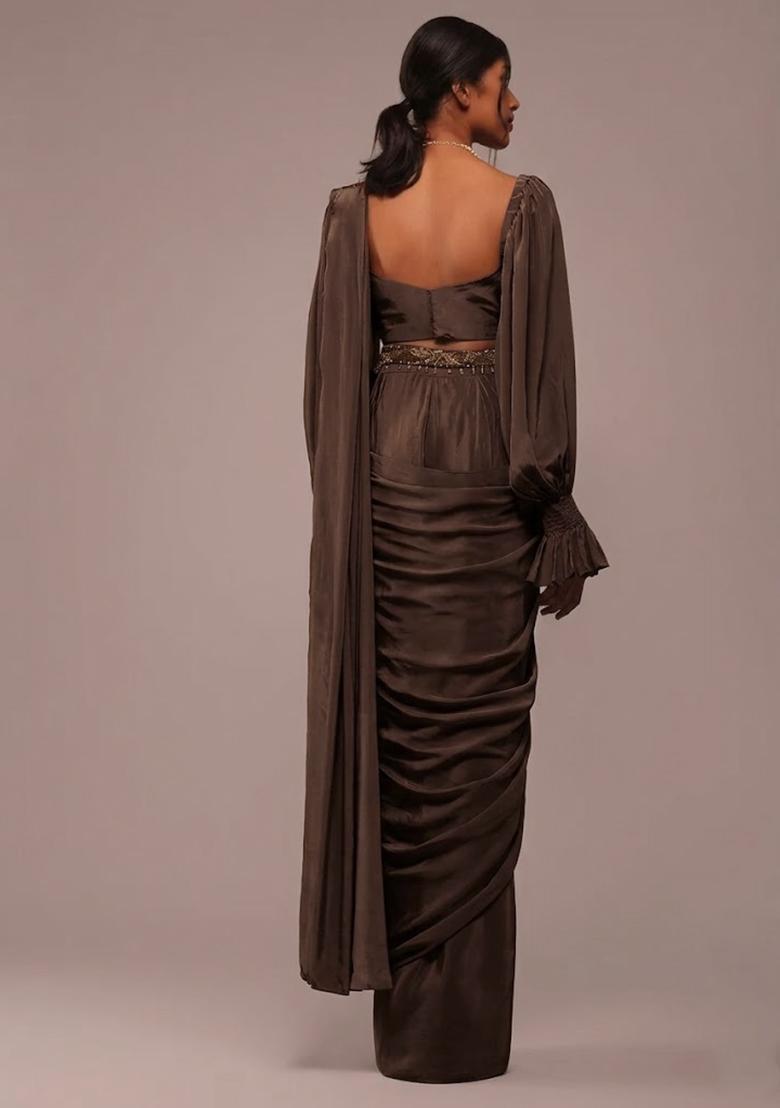 Brown Crepe Handwork Pre Draped Saree Set - Indya