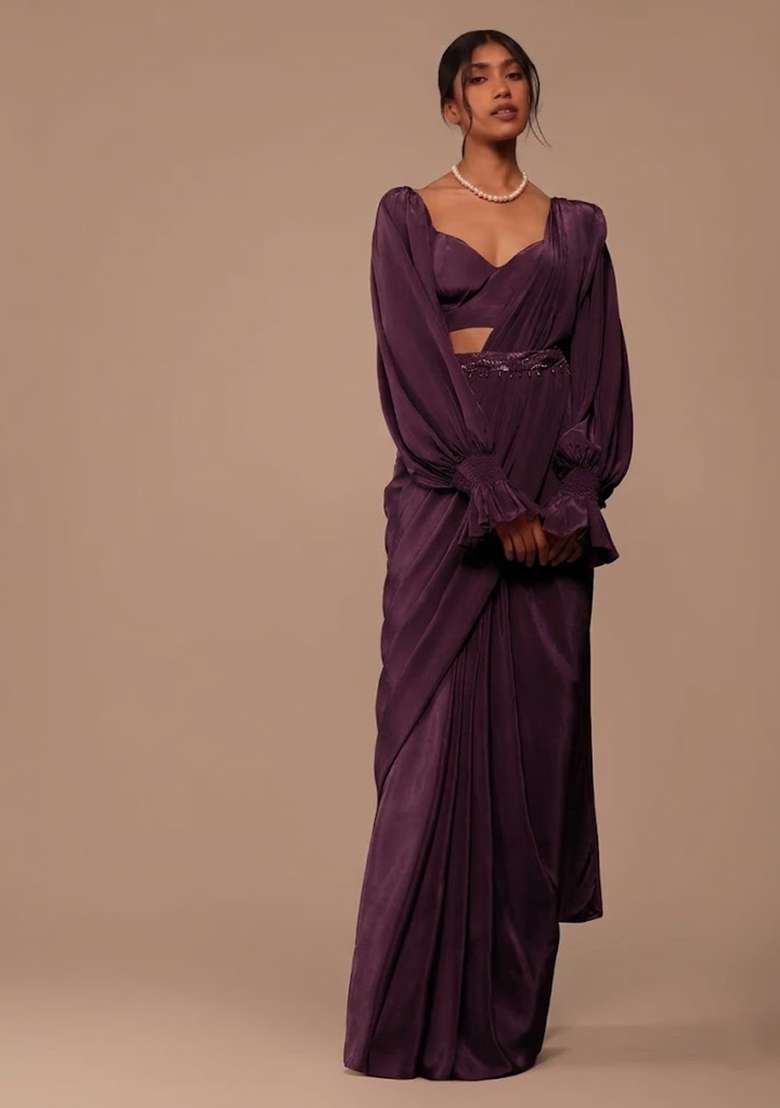 Purple Crepe Handwork Pre Draped Saree Set for Diwali and Festive Wear - Indya
