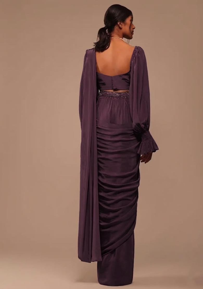 Purple Crepe Handwork Pre Draped Saree Set - Indya