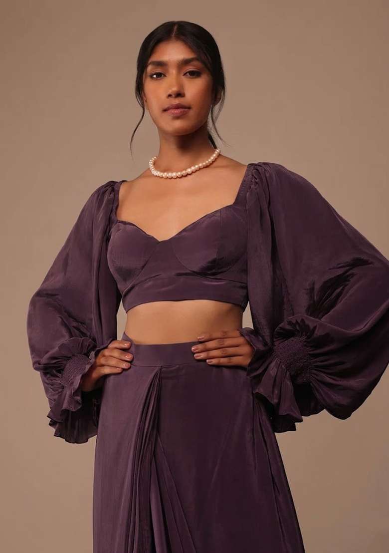 Purple Crepe Handwork Pre Draped Saree Set for Diwali and Festive Wear - Indya