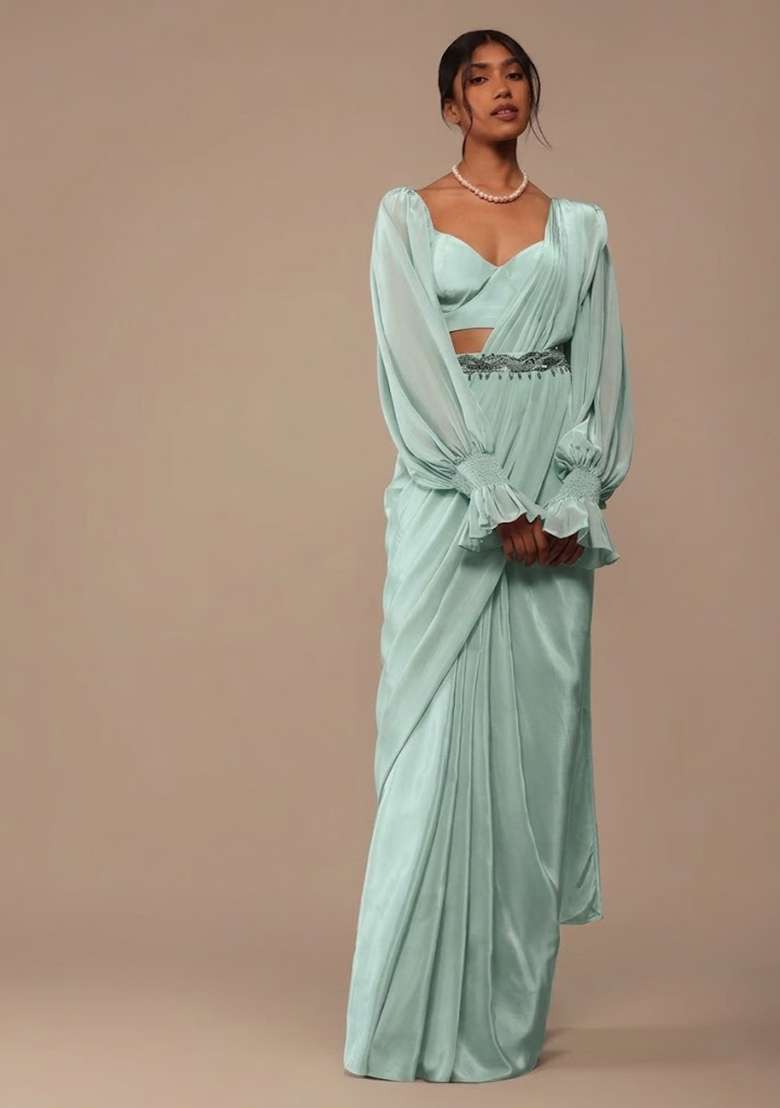 Sky Blue Crepe Handwork Pre Draped Saree Set for Diwali and Festive Wear - Indya