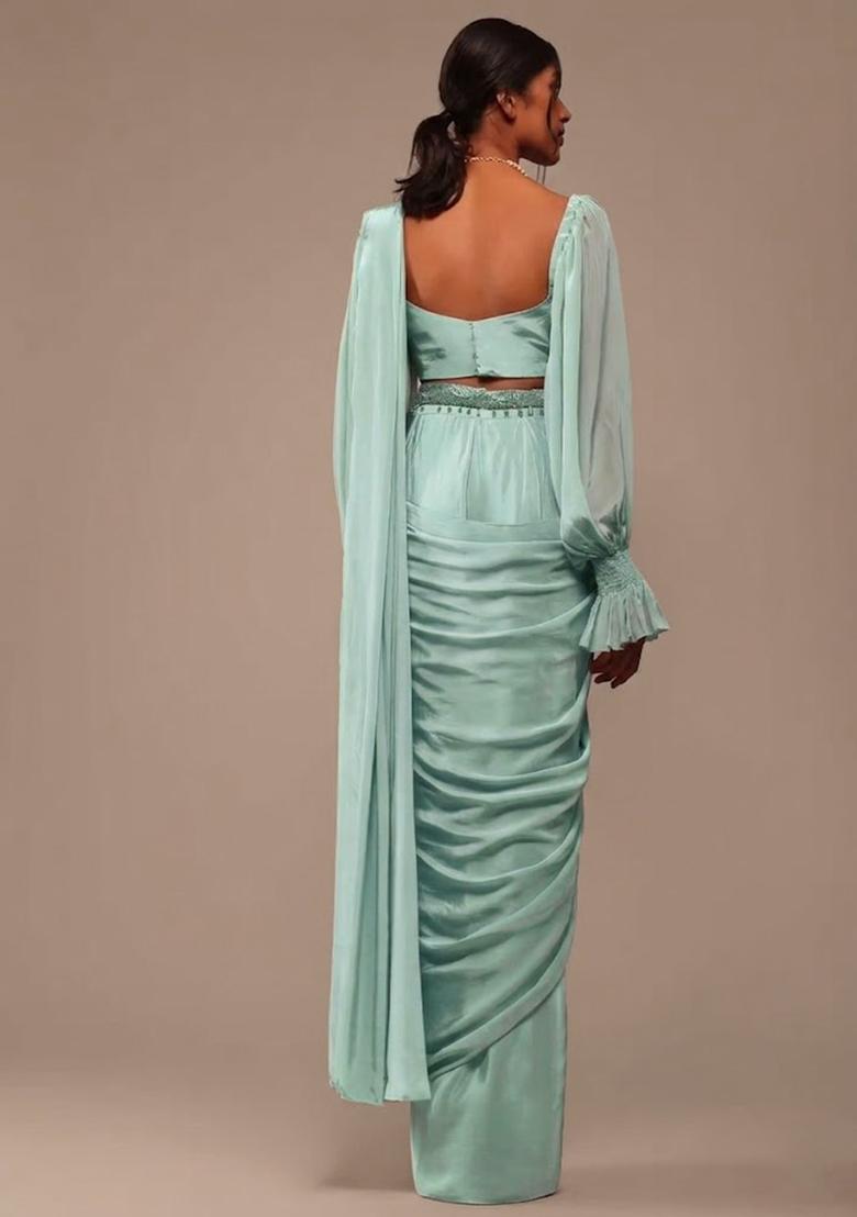 Sky Blue Crepe Handwork Pre Draped Saree Set - Indya