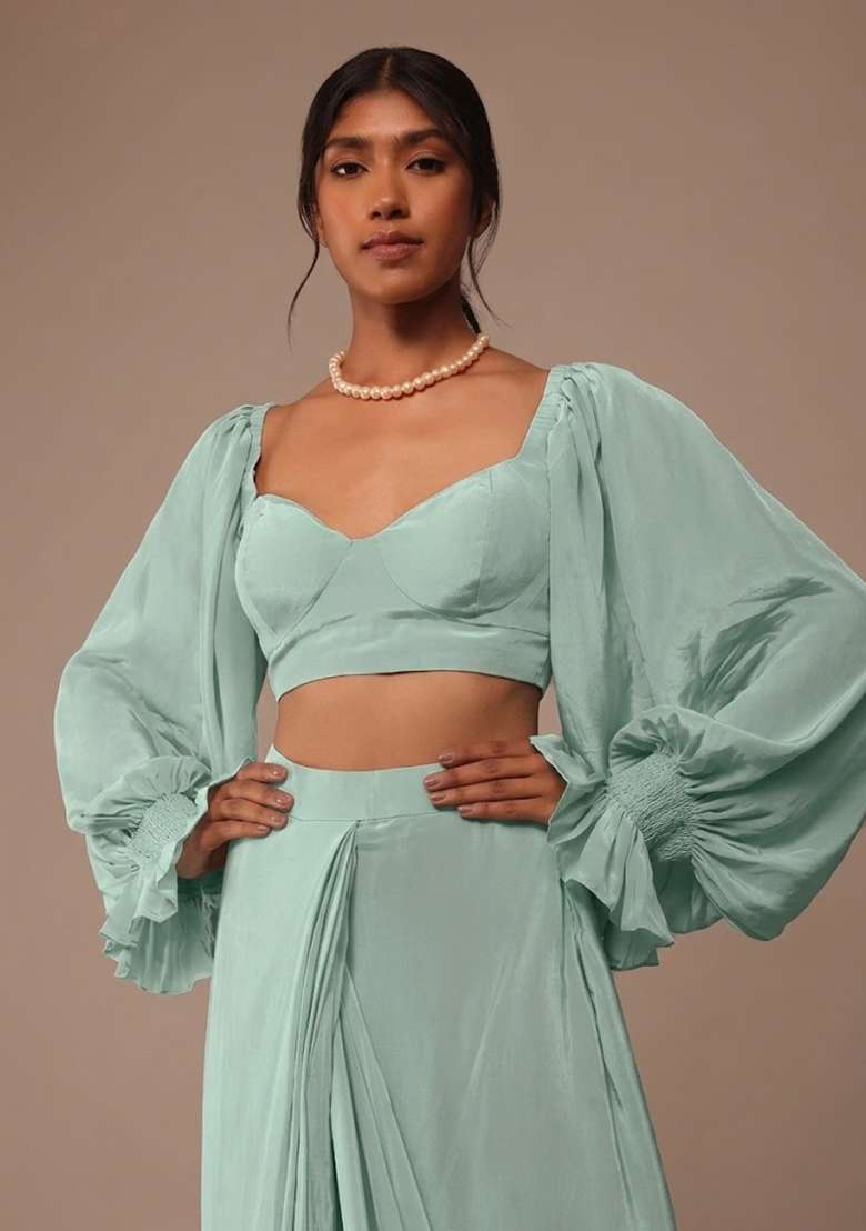 Sky Blue Crepe Handwork Pre Draped Saree Set for Diwali and Festive Wear - Indya