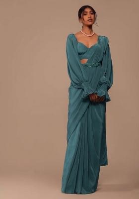 Teal Blue Crepe Handwork Pre Draped Saree Set