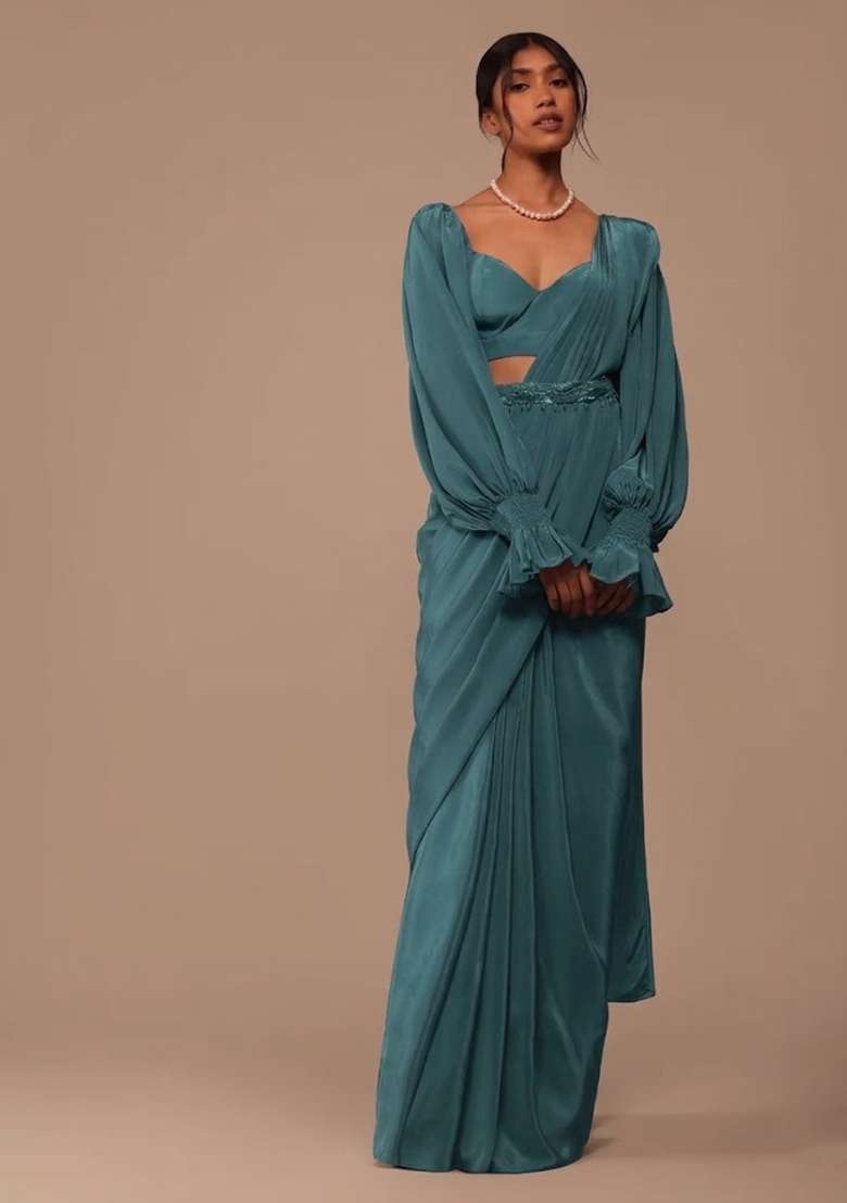 Teal Blue Crepe Handwork Pre Draped Saree Set for Diwali and Festive Wear - Indya