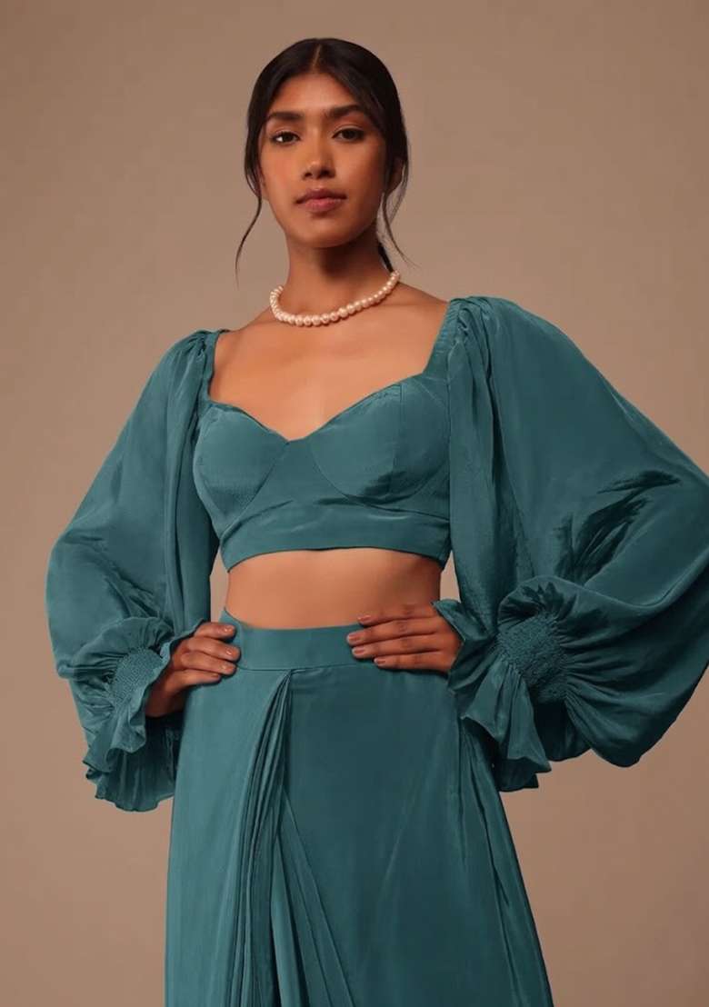 Teal Blue Crepe Handwork Pre Draped Saree Set for Diwali and Festive Wear - Indya