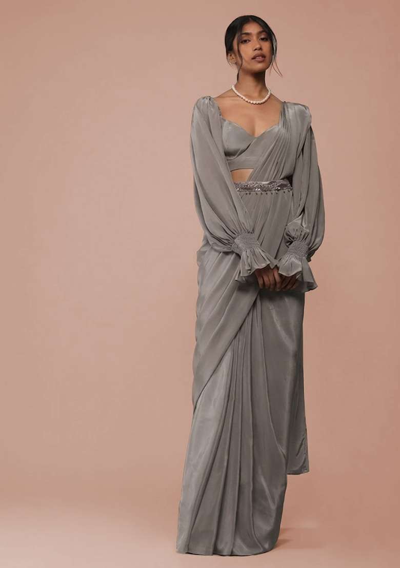 Grey Crepe Pre Draped Saree Set with Handwork for Diwali | Wedding & Festive Wear - Indya