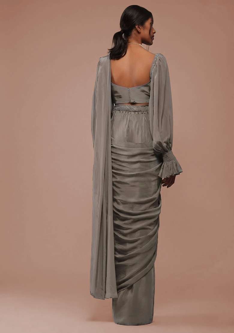Grey Crepe Pre Draped Saree Set with Handwork for Diwali | Wedding & Festive Wear - Indya