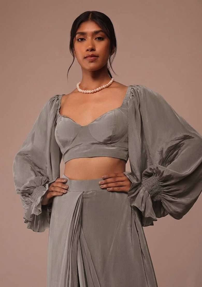 Grey Crepe Pre Draped Saree Set with Handwork for Diwali | Wedding & Festive Wear - Indya