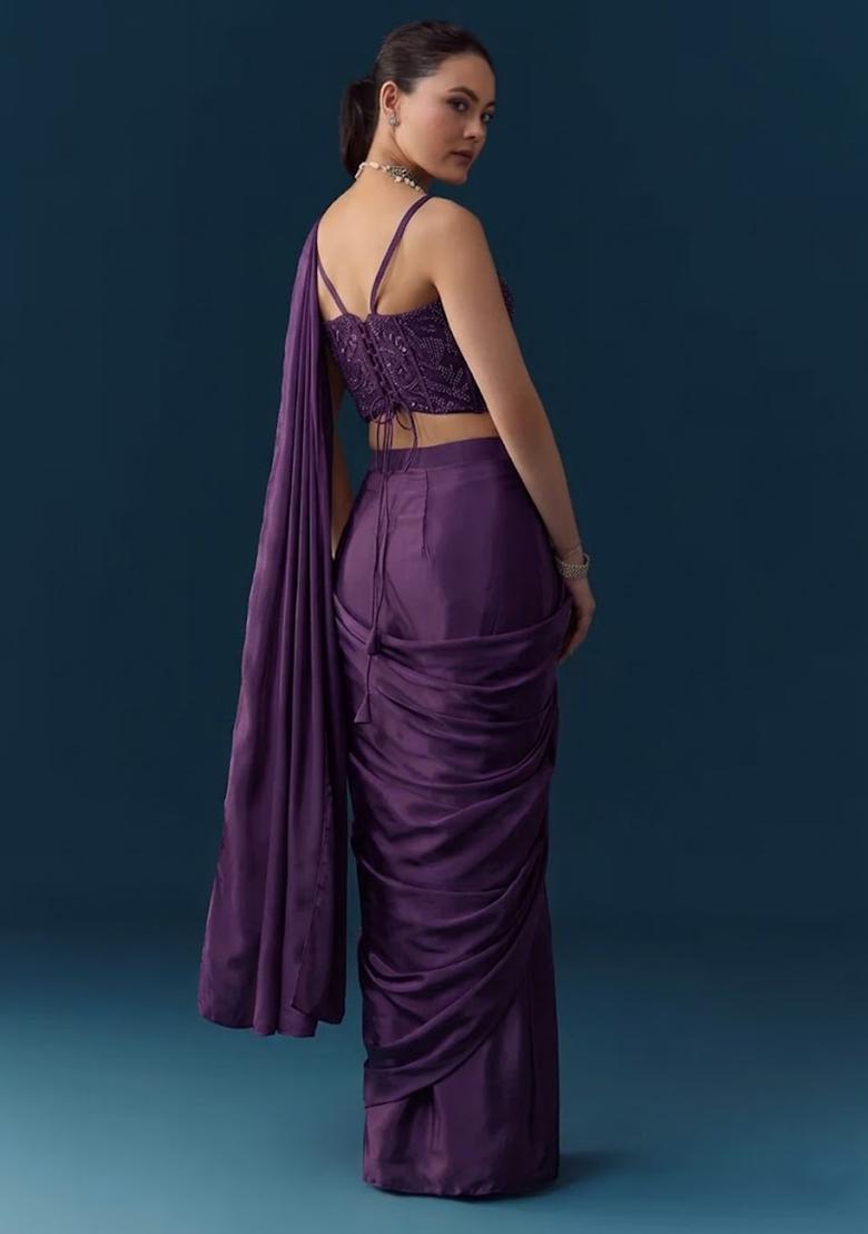 Purple Crepe Handwork Pre Draped Saree Set - Indya
