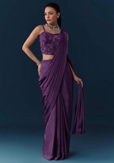 Purple Crepe Handwork Pre Draped Saree Set