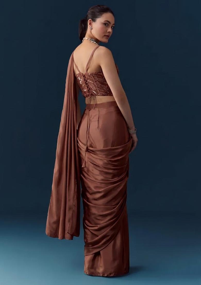Copper Brown Crepe Handwork Pre Draped Saree Set - Indya