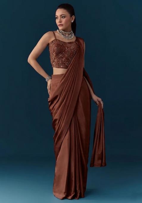 Copper Brown Crepe Handwork Pre Draped Saree Set