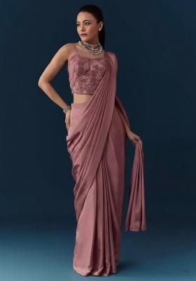 Pink Crepe Handwork Pre Draped Saree Set