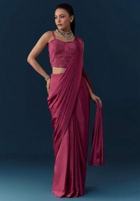 Rani Pink Crepe Handwork Pre Draped Saree Set
