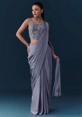 Dusty Blue Crepe Handwork Pre Draped Saree Set