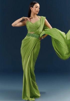 Lime Green Crepe Handwork Pre Draped Saree Set