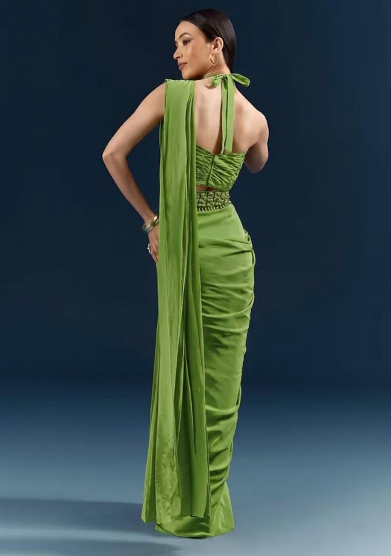 Lime Green Crepe Handwork Pre Draped Saree Set - Indya