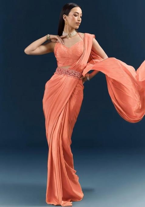 Peach Crepe Handwork Pre Draped Saree Set