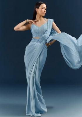 Soft Blue Crepe Handwork Pre Draped Saree Set