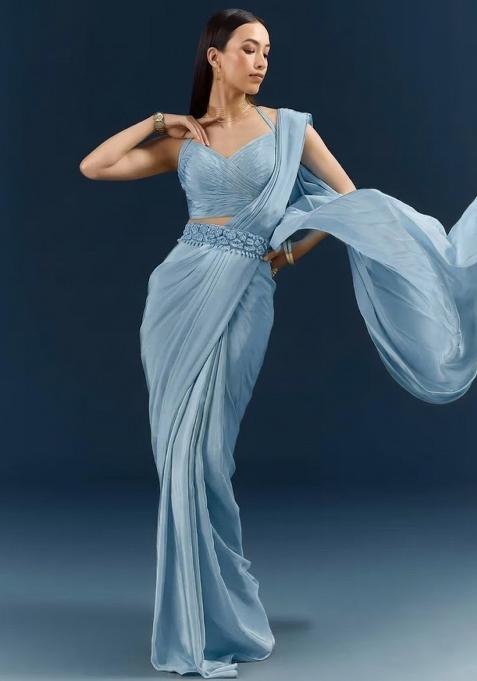 Soft Blue Crepe Handwork Pre Draped Saree Set